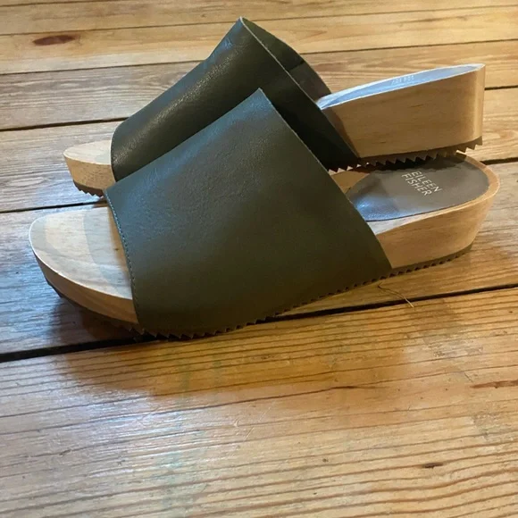 NWOB Eileen Fisher Women's Green Leather Mule Sandals/Slides, Sz 9.5 - Picture 3 of 8